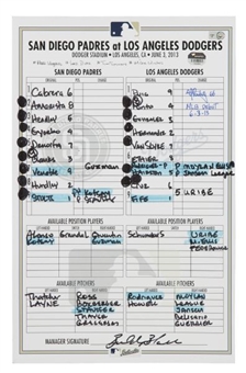 Game Used and Signed Lineup Card From Yasiel Puigs Major League Debut on June 13, 2013 vs Padres (MLB Authenticated)